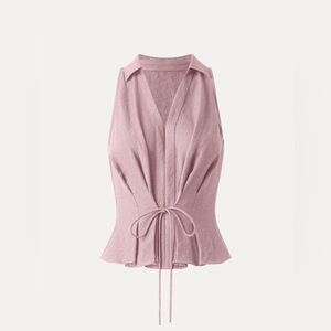 OGL Collared Vneck Pleated Sleeveless Top with Drawstring, Soft Pink size Large